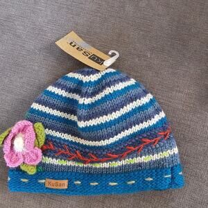 NWT Kusan Women's Blue White 100% Wool Striped Print Ribbed Knit Beanie Cap